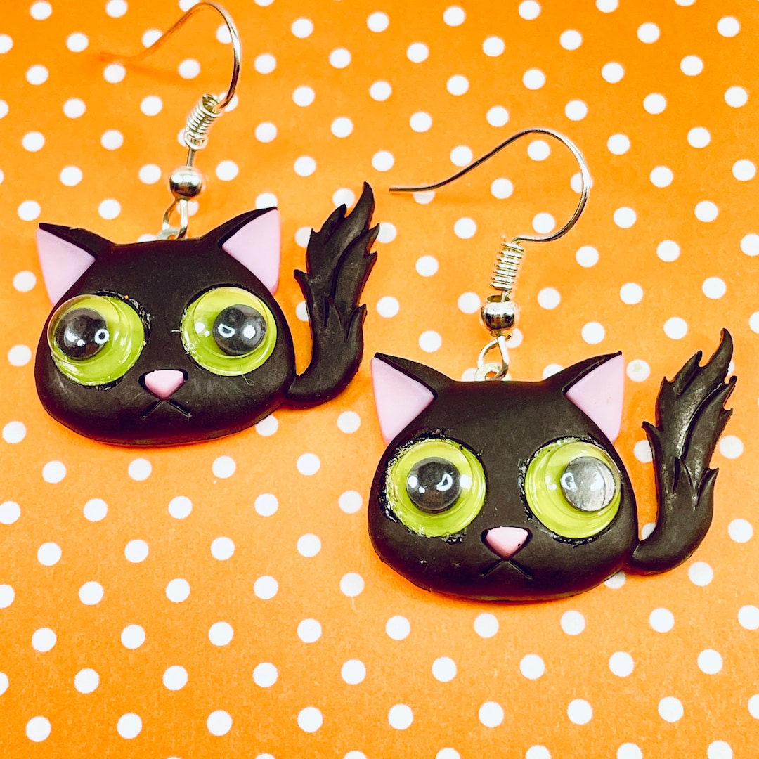 Black Cat Halloween Earrings Googly Eye Cat Earrings Etsy