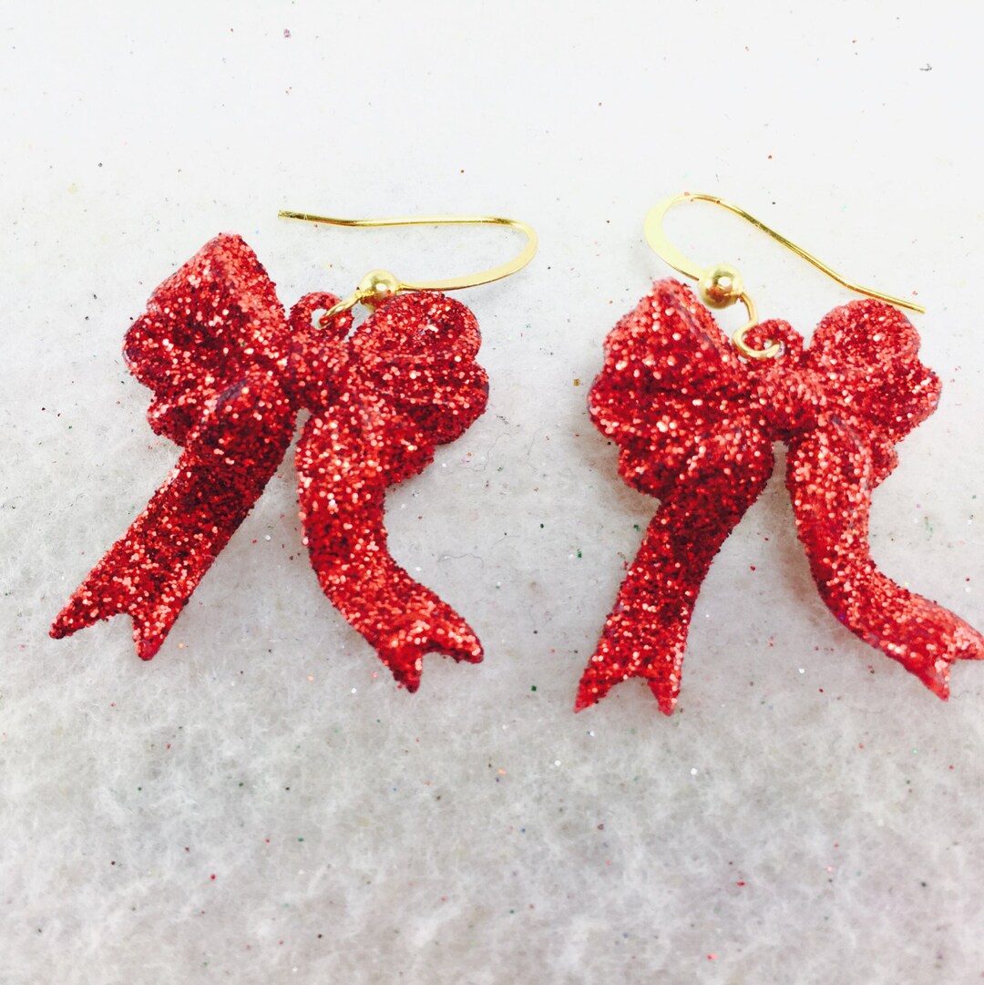 Red Bow Earrings, Christmas Bow Earrings, Red Glitter Earrings, Holiday