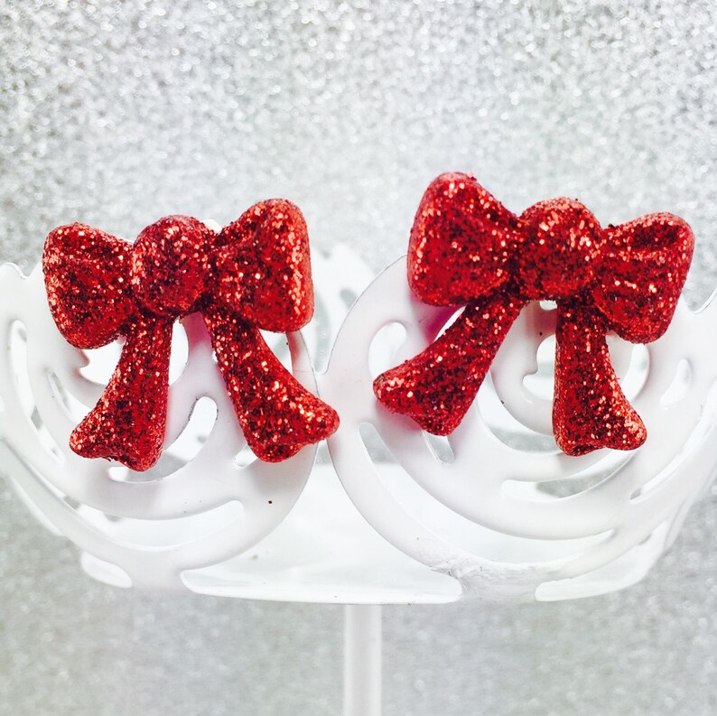 Christmas Stud Earrings Holiday Post Earrings Red Glitter Earrings Christmas Bow Earrings