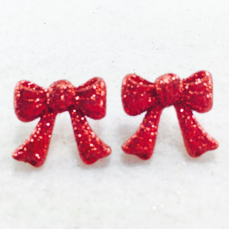 Christmas Stud Earrings Holiday Post Earrings Red Glitter Earrings Christmas Bow Earrings