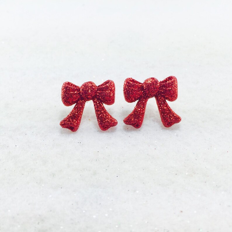 Christmas Stud Earrings Holiday Post Earrings Red Glitter Earrings Christmas Bow Earrings