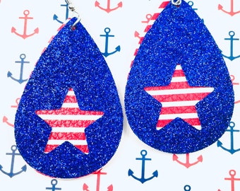 Red, White and Blue Faux Leather Earrings, 4th of July Earrings, Patriotic Dangle Earrings  USA Flag Earrings, Independence Day Jewelry