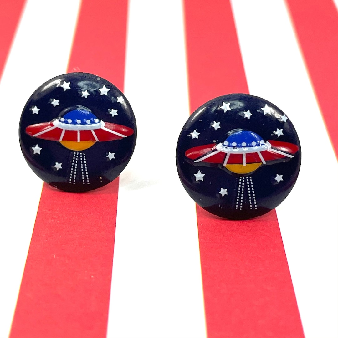 UFO Stud Earrings, Flying Saucer Earrings, Space Stud Earrings Rocket
