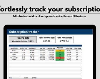 Subscription tracker spreadsheet, Digital budget planner for recurring payments and subscriptions, Digital download template