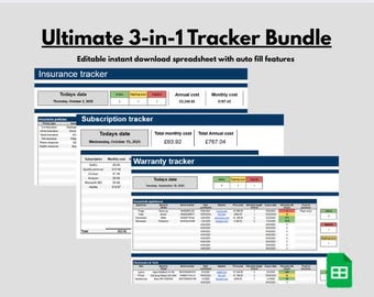 May include: A digital spreadsheet bundle titled "Ultimate 3-in-1 Tracker Bundle" with editable features. The image displays three trackers: insurance, subscription, and warranty, each with data fields and dates. The spreadsheet includes auto-fill features.