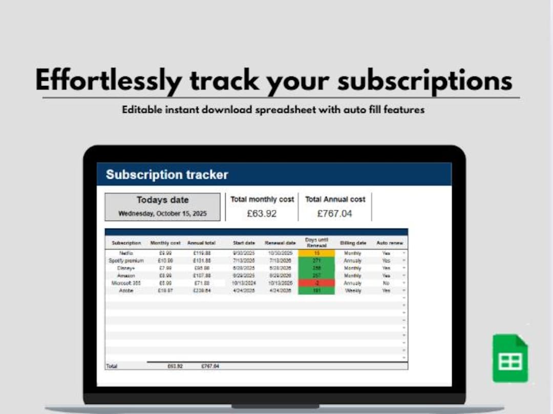 Subscriptions Spreadsheet Subscription Tracker Spreadsheet, Digital Budget Planner for Recurring ...