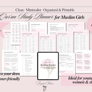Könnte beinhalten: Ein rosa-weißer, druckbarer Koran-Studienplaner für muslimische Mädchen. Der Planer enthält einen Lesetracker, eine Sunnah-Checkliste und eine wöchentliche Reflexionsseite. Der Text auf dem Bild lautet "Clean, Minimalist, Organized & Printable".