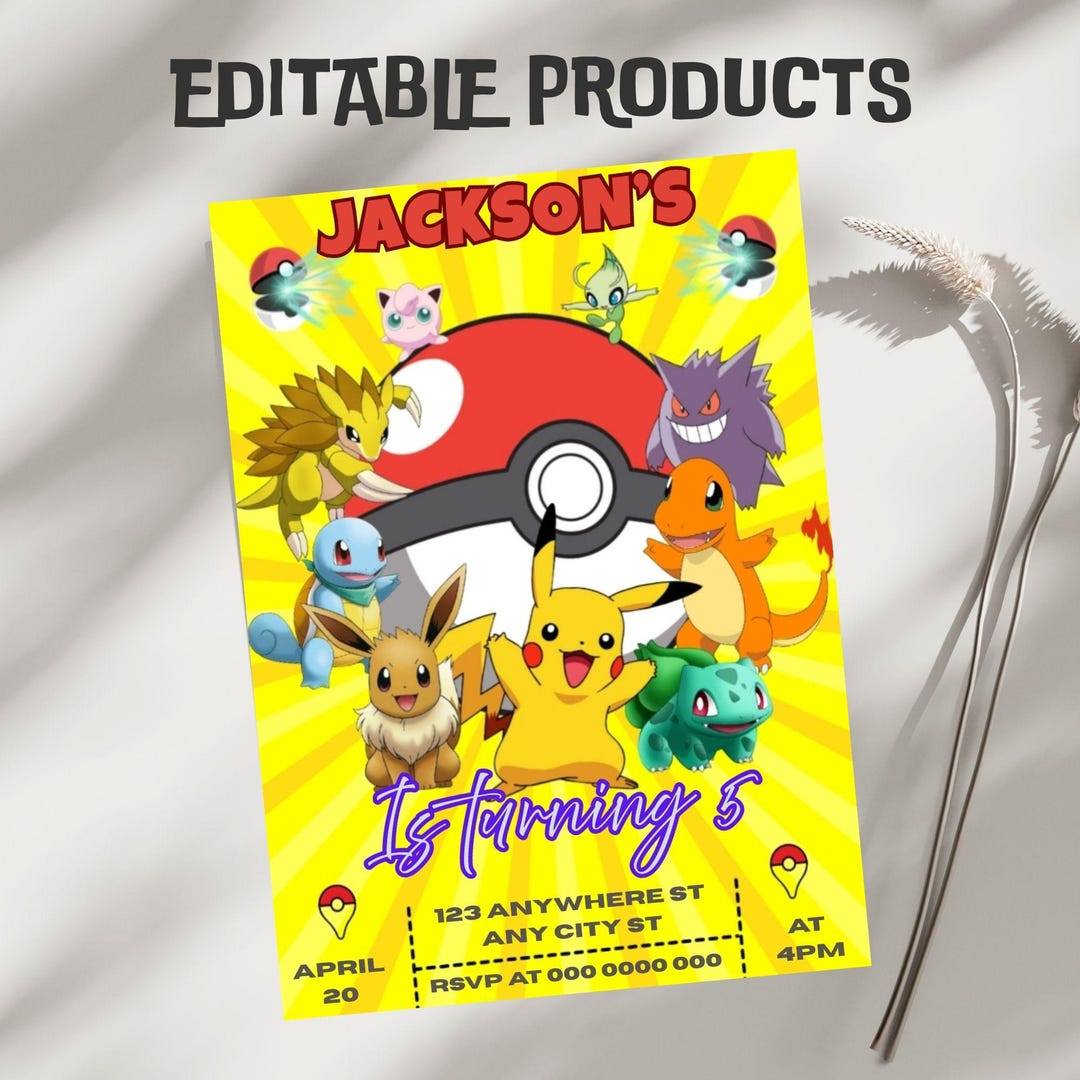 Editable Pokemon Birthday Invitation,kids Pokemon Party Invite ...