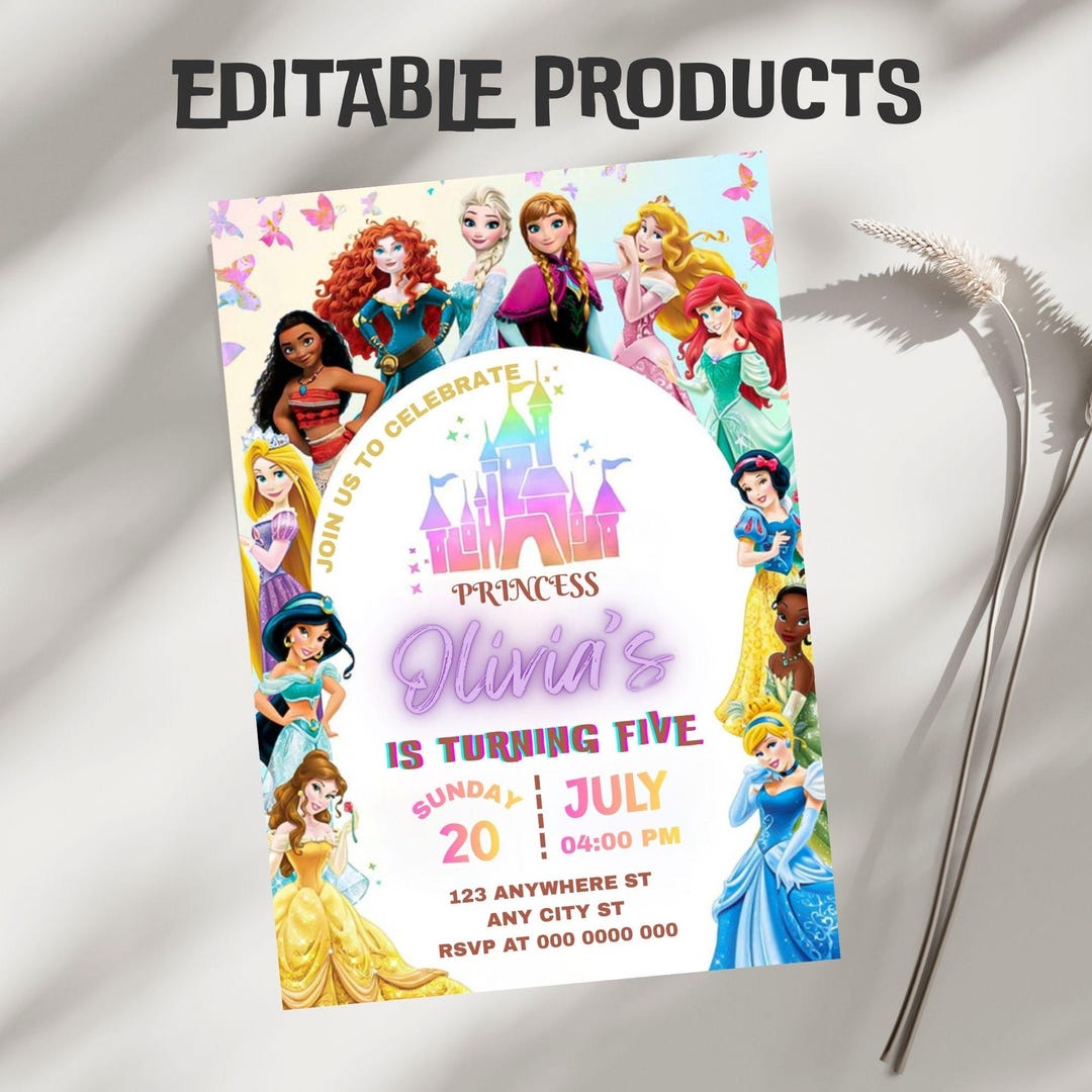 Editable Princess Birthday Party Invitation Template (5x7) Digital ...