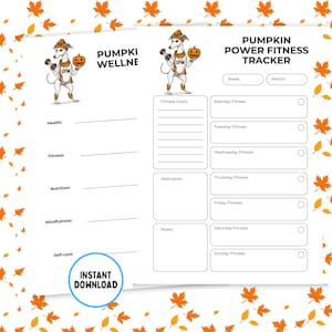 Könnte beinhalten: Ein druckbarer Fitness-Tracker mit Herbstthema. Der Tracker zeigt einen Cartoon-Hund mit einem Kürbis und Hanteln und den Text "Pumpkin Power Fitness Tracker". Enthält Abschnitte für Fitnessziele und tägliches Tracking.