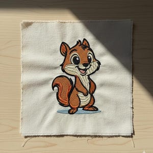 May include: Embroidered patch featuring a cartoon squirrel with brown fur, a fluffy tail, and a smiling expression. The squirrel is standing on a light blue oval against a white fabric background.