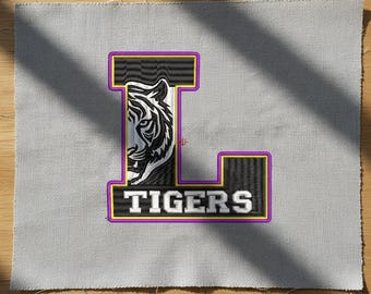 L Tigers Buchstabe-Stickerei, Tigerkopf Stickdatei, Maschinenstickerei, 5 Größen 6 Formate