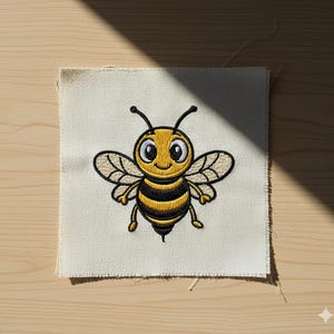 Può includere: Toppa ricamata raffigurante un'ape dei cartoni animati. L'ape ha testa e corpo gialli con strisce nere, occhi grandi e ali delicate. La toppa è quadrata e realizzata in tessuto colorato chiaro, ideale per abbigliamento o accessori.