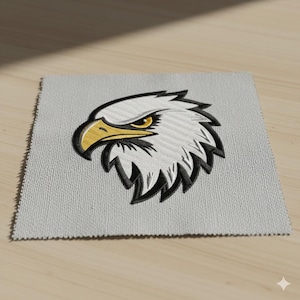 May include: Embroidered patch featuring a stylized eagle head. The eagle has white feathers, a yellow beak, and a yellow eye with a black outline. The patch is on a light gray square of fabric.