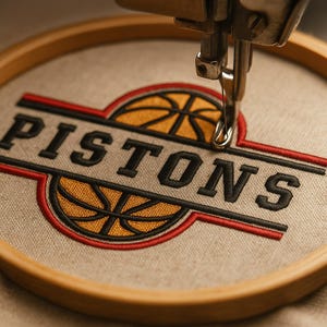 Peut inclure: Gros plan d'un cercle à broder avec le mot "PISTONS" brodé en fil noir. Le motif comprend un graphisme de ballon de basket-ball orange et noir, souligné de rouge. Une aiguille de machine à coudre est positionnée au-dessus du tissu.