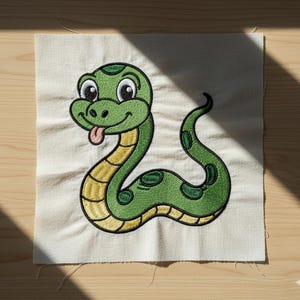 May include: Embroidered patch featuring a cartoon snake with a green body, yellow underbelly, and a pink tongue. The snake has large, friendly eyes and is smiling. The patch is on a square of off-white fabric.