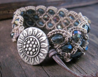Bohemian Beaded Bracelet or Cuff, earthy brown and blue, sunflower button