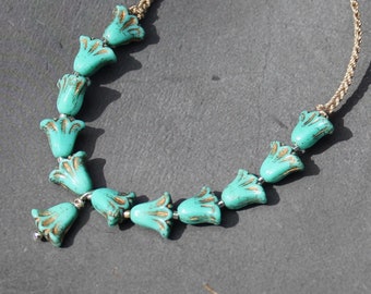 Shade of Turquoise Tulip Drop beaded necklace choker, Boho Bohemian Jewelry, Adjustable