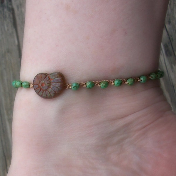 Surfer Girl Anklet with Ammonite Shell Charm, Boho Beach Chic