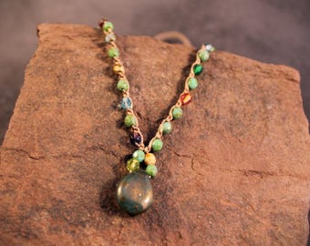 Boho Turquoise Bead Choker: Adjustable Crochet Necklace