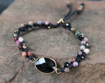 Boho Bohemian Adjustable MultiColor Black Tourmaline Adjustable Bracelet by GlowCreek