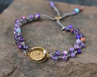 Boho Bohemian Adjustable Purple Sea Sediment Jasper Adjustable Bracelet by GlowCreek