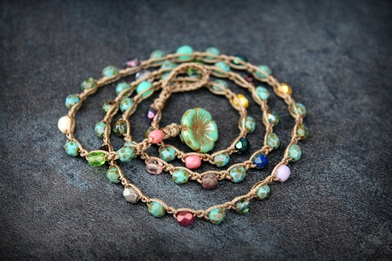 Boho Turquoise Necklace, Czech Glass Flower, Crocheted Jewelry