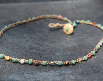 Boho Turquoise Czech Bead Necklace: Crochet Artisan Jewelry