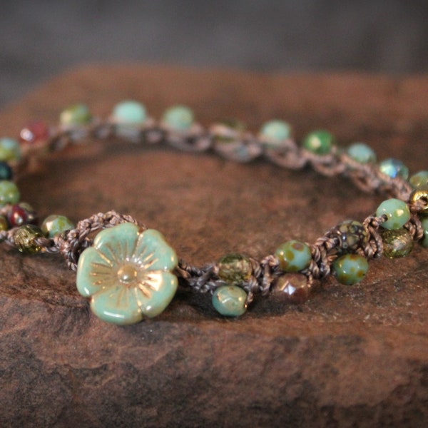 Boho Crochet Bracelet: Turquoise Czech Beads, Flower Clasp
