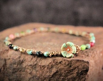 Boho Anklet Turquoise Shades Flower Anklet Boho Swimmers Jewelry Bohemian Jewelry