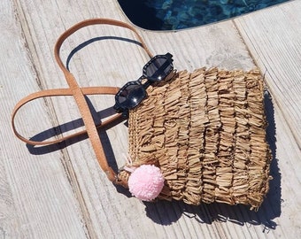 Natural color raffia crochet shoulder bag, 1 tassel