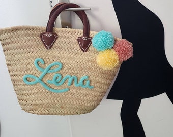 Medium straw basket with leather handles and customizable knitting writing