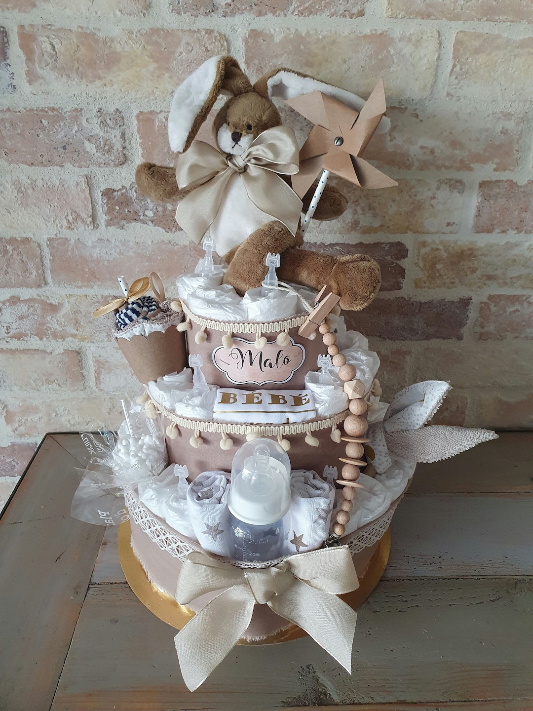 Gâteau De Couches Fille Homery - Rose, Avec Chaussettes Et Carte - Cadeau Naissance