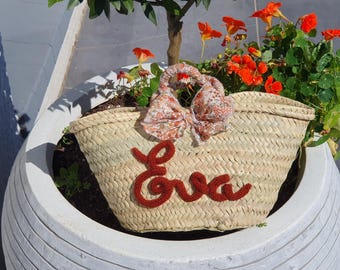 Children's straw basket, 6 to 10 years old, knitted tote bag with personalized Liberty print
