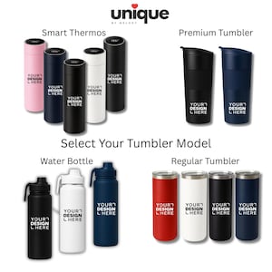 May include: A collection of drinkware including smart thermos bottles with digital temperature displays, premium tumblers with lids, water bottles with carry handles, and regular tumblers. Each item features the printed text YOUR DESIGN HERE.