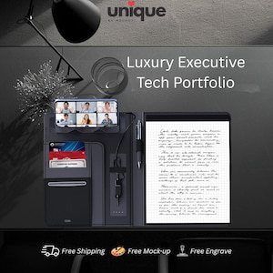May include: A black tech portfolio featuring a smartphone displaying a video conference, a pen, credit card slots, and a notepad with handwritten text. The portfolio includes a built-in charging cable and is labeled Luxury Executive Tech Portfolio.