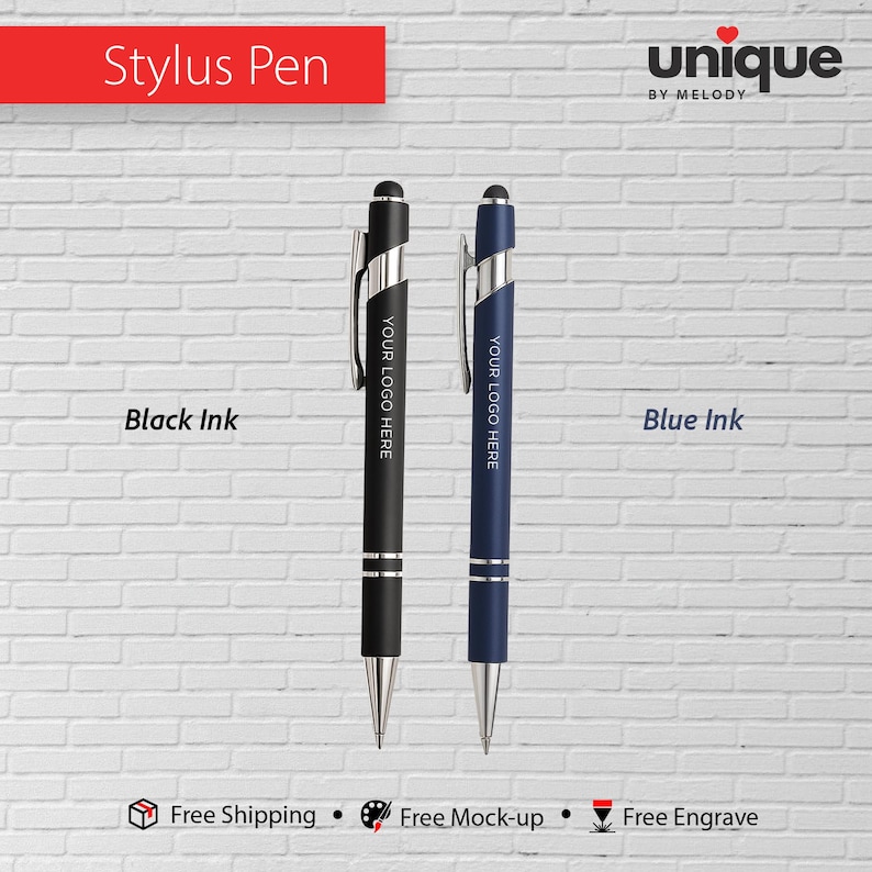 May include: Two stylus pens with silver clips and tips, one black and one blue, each featuring the text YOUR LOGO HERE. The pens are labeled Black Ink and Blue Ink respectively, with the header Stylus Pen and the brand name unique BY MELODY.
