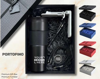 Könnte beinhalten: Eine schwarze Geschenkbox mit einem schwarzen Becher mit der Aufschrift YOUR DESIGN HERE, einem weißen verstellbaren Handyhalter, einem schwarzen Eingabestift mit der Aufschrift YOUR DESIGN HERE und einem schwarzen Ladekabel.