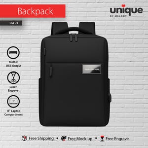 May include: Black backpack with a rectangular design. Features include a built-in USB output, laser engraving option, and a 15-inch laptop compartment. The text "Backpack" is displayed in red. The brand name "unique by melody" is also visible.
