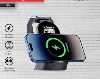 May include: A black wireless charger with a blue phone and a black smartwatch. The phone displays a green charging symbol. The text "Chargers" is in a red rectangle. The text "YOUR DESIGN HERE" is on the smartwatch.