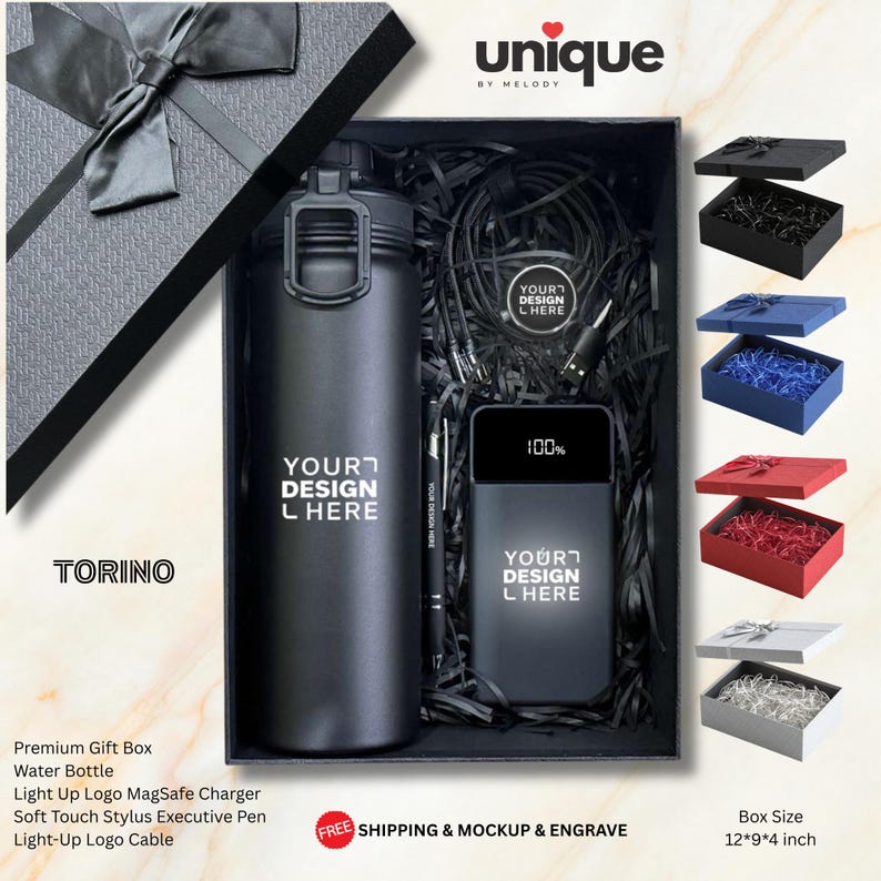 May include: A black gift box containing a matte black water bottle, a black power bank with a digital display showing 100%, a black stylus pen, and a black charging cable. The items are nestled in black shredded paper filler. The box lid features a black ribbon.