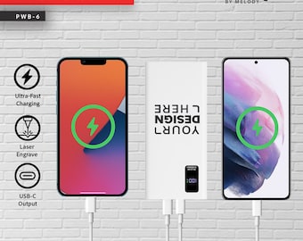 May include: A white rectangular powerbank with a digital display showing 100% battery, labeled PWB-6 and Unique by Melody. It features text reading YOUR DESIGN HERE, two USB-C cables connected to two smartphones, and icons for ultra-fast charging.