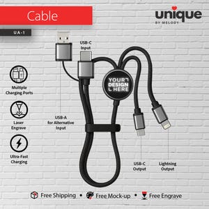 May include: A black braided multi-charging cable featuring a central circular disc with the text YOUR DESIGN HERE. The cable includes a USB-A input, a USB-C input, a USB-C output, and a Lightning output, all with metallic silver connectors.