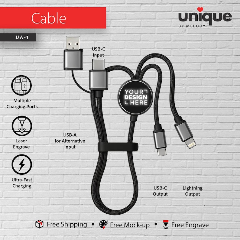 May include: A black braided multi-charging cable featuring a central circular disc with the text YOUR DESIGN HERE. The cable includes a USB-A input, a USB-C input, a USB-C output, and a Lightning output, all with metallic silver connectors.