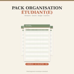 May include: A digital student organization pack featuring a grade tracker template with a green header and white grid lines. The text reads PACK ORGANISATION ÉTUDIANT(E), Révisions - Devoirs - Budget - Examens, Suivi de Notes, and 14 MODÈLES - A4 + US LETTER - PDF.