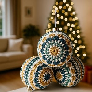 Puede incluir: Tres adornos navide&ntilde;os hechos a mano. Cada esfera est&aacute; tejida a ganchillo con un patr&oacute;n detallado en verde azulado, dorado y blanco. Los adornos est&aacute;n apilados, con un &aacute;rbol de Navidad e iluminaci&oacute;n suave en el fondo.
