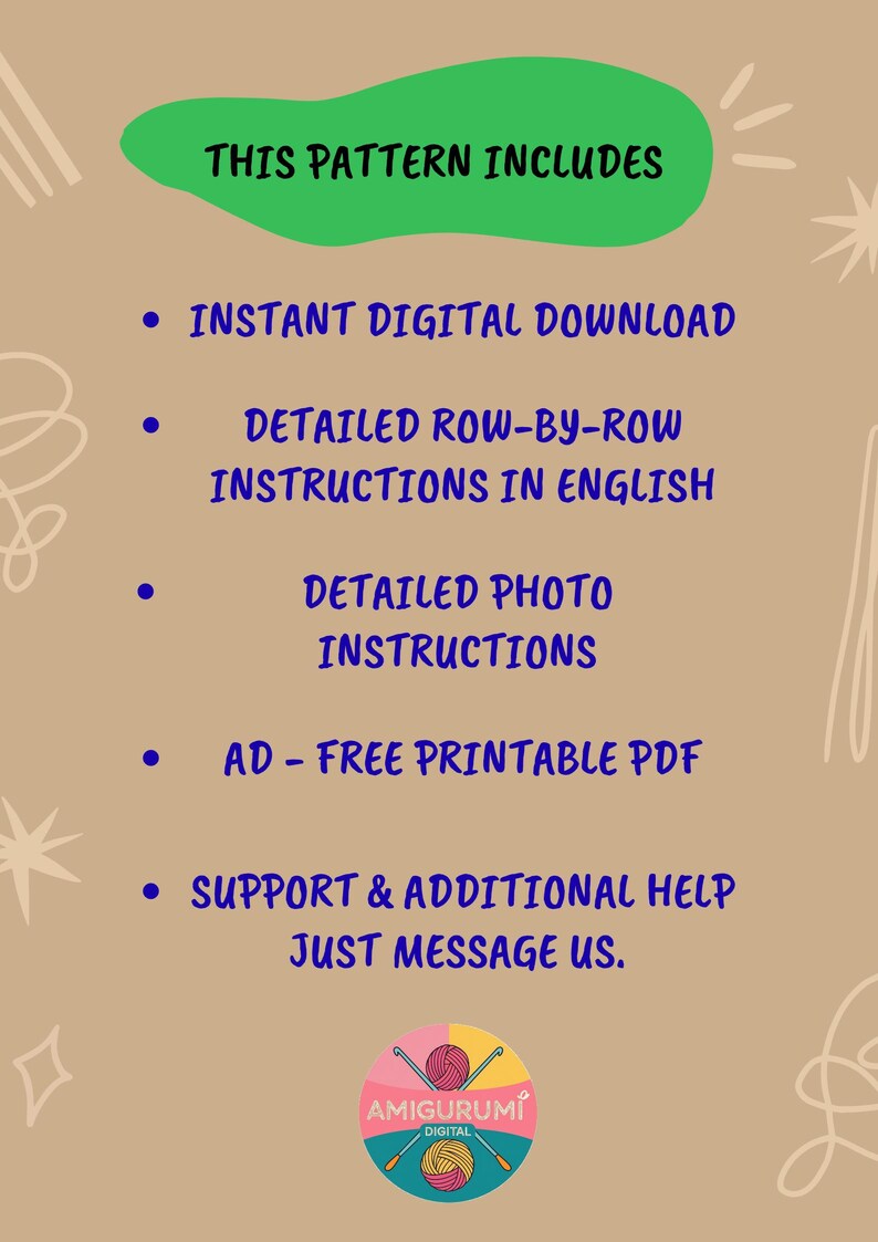 Op de afbeelding: Tan achtergrond met tekst en afbeeldingen die een digitaal haakpatroon promoten. De groene banner luidt: "DIT PATROON OMVAT." Kenmerken zijn onder meer direct downloaden, gedetailleerde instructies, foto-instructies, een advertentievrije PDF en ondersteuning.