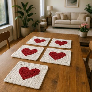 Op de afbeelding: Vijf vierkante, crèmekleurige gehaakte onderzetters met een rood hartontwerp liggen op een houten tafel. De onderzetters zijn handgemaakt en hebben een getextureerde uitstraling. De scène speelt zich af in een goed verlichte kamer met een neutraal kleurenpalet.