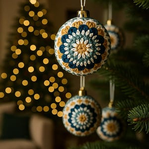 Puede incluir: Adornos navide&ntilde;os de ganchillo en tonos azules, amarillos y blancos, colgados de un &aacute;rbol de Navidad. Los adornos tienen un dise&ntilde;o floral circular y est&aacute;n suspendidos por cuerdas blancas. El fondo presenta un &aacute;rbol de Navidad borroso con luces parpadeantes.