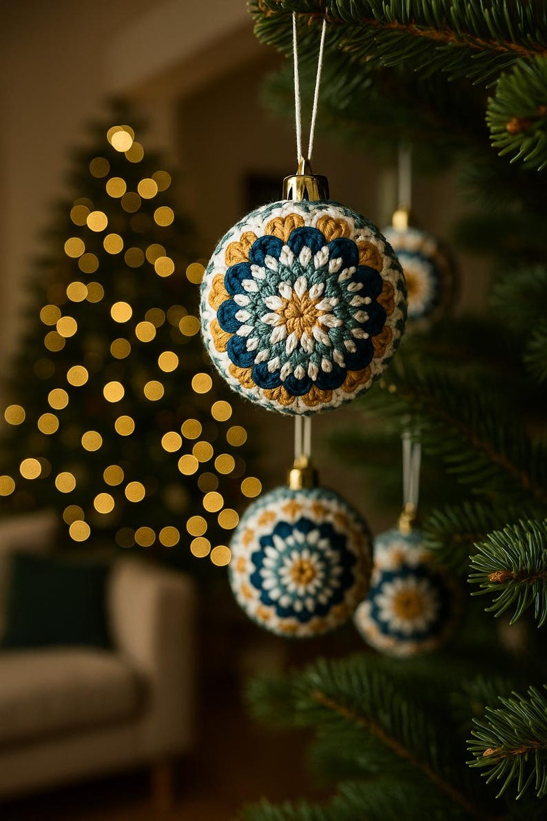 Puede incluir: Adornos navide&ntilde;os de ganchillo en tonos azules, amarillos y blancos, colgados de un &aacute;rbol de Navidad. Los adornos tienen un dise&ntilde;o floral circular y est&aacute;n suspendidos por cuerdas blancas. El fondo presenta un &aacute;rbol de Navidad borroso con luces parpadeantes.